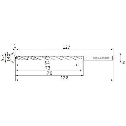 MVS0530X10S060 DP1020 5.3 mm Dia. × 6 mm Shank × 73 mm Flute Length × 128 mm OAL, 140°, 2 Flute, Coolant Thru, Solid Carbide Drill