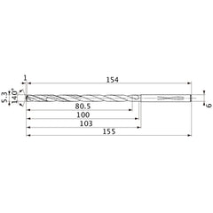 MVS0530X15S060 DP1020 5.3 mm Dia. × 6 mm Shank × 100 mm Flute Length × 155 mm OAL, 140°, 2 Flute, Coolant Thru, Solid Carbide Drill