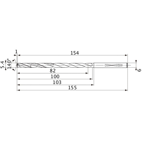 MVS0540X15S060 DP1020 5.4 mm Dia. × 6 mm Shank × 100 mm Flute Length × 155 mm OAL, 140°, 2 Flute, Coolant Thru, Solid Carbide Drill