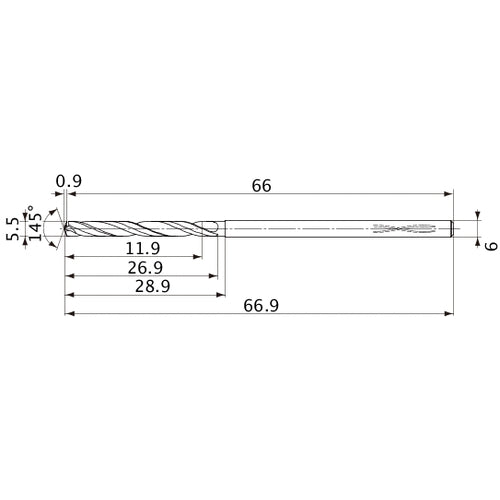 MVS0550X02S060PL DP1020 5.5 mm Dia. × 6 mm Shank × 26.9 mm Flute Length × 66.9 mm OAL, 145°, 2 Flute, Coolant Thru, Solid Carbide Drill