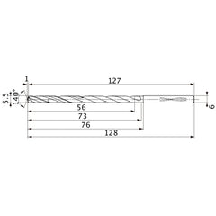 MVS0550X10S060 DP1020 5.5 mm Dia. × 6 mm Shank × 73 mm Flute Length × 128 mm OAL, 140°, 2 Flute, Coolant Thru, Solid Carbide Drill