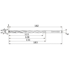MVS0550X20S060 DP1020 5.5 mm Dia. × 6 mm Shank × 128 mm Flute Length × 183 mm OAL, 140°, 2 Flute, Coolant Thru, Solid Carbide Drill