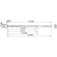 MVS0556X10S060 DP1020 0.2188″ Dia. × 0.236″ Shank × 3.11″ Flute Length × 5.276″ OAL, 140°, 2 Flute, Coolant Thru, Solid Carbide Drill