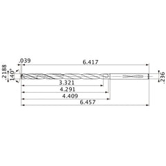 MVS0556X15S060 DP1020 0.2188″ Dia. × 0.236″ Shank × 4.291″ Flute Length × 6.457″ OAL, 140°, 2 Flute, Coolant Thru, Solid Carbide Drill