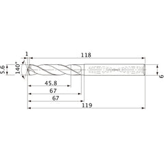 MVS0560X08S060 DP1020 5.6 mm Dia. × 6 mm Shank × 67 mm Flute Length × 119 mm OAL, 140°, 2 Flute, Coolant Thru, Solid Carbide Drill