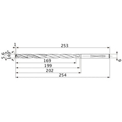 MVS0560X30S060 DP1020 5.6 mm Dia. × 6 mm Shank × 199 mm Flute Length × 254 mm OAL, 140°, 2 Flute, Coolant Thru, Solid Carbide Drill