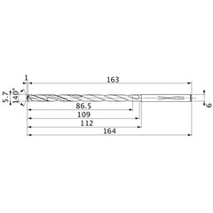 MVS0570X15S060 DP1020 5.7 mm Dia. × 6 mm Shank × 109 mm Flute Length × 164 mm OAL, 140°, 2 Flute, Coolant Thru, Solid Carbide Drill