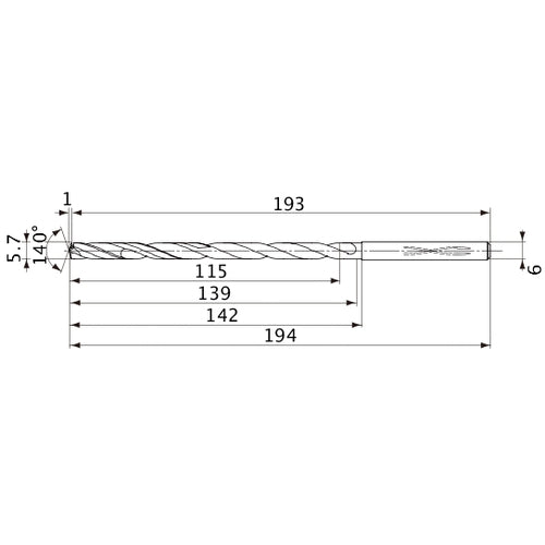 MVS0570X20S060 DP1020 5.7 mm Dia. × 6 mm Shank × 139 mm Flute Length × 194 mm OAL, 140°, 2 Flute, Coolant Thru, Solid Carbide Drill