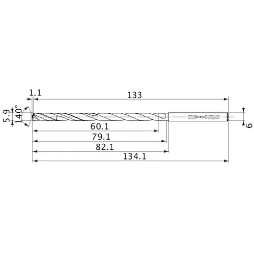 MVS0590X10S060 DP1020 5.9 mm Dia. × 6 mm Shank × 79.1 mm Flute Length × 134.1 mm OAL, 140°, 2 Flute, Coolant Thru, Solid Carbide Drill