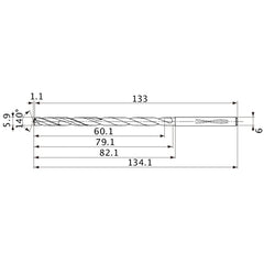 MVS0590X10S060 DP1020 5.9 mm Dia. × 6 mm Shank × 79.1 mm Flute Length × 134.1 mm OAL, 140°, 2 Flute, Coolant Thru, Solid Carbide Drill