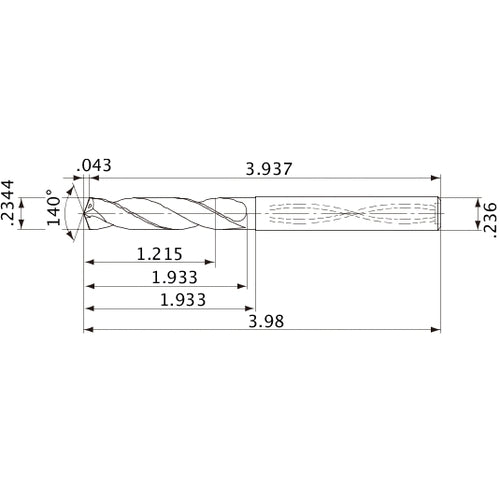 MVS0595X05S060 DP1020 0.2344″ Dia. × 0.236″ Shank × 1.933″ Flute Length × 3.98″ OAL, 140°, 2 Flute, Coolant Thru, Solid Carbide Drill