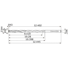 MVS0595X40S060 DP1020 0.2344″ Dia. × 0.236″ Shank × 10.28″ Flute Length × 12.445″ OAL, 140°, 2 Flute, Coolant Thru, Solid Carbide Drill