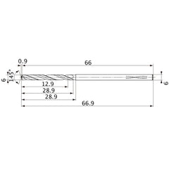 MVS0600X02S060PL DP1020 6 mm Dia. × 6 mm Shank × 28.9 mm Flute Length × 66.9 mm OAL, 145°, 2 Flute, Coolant Thru, Solid Carbide Drill