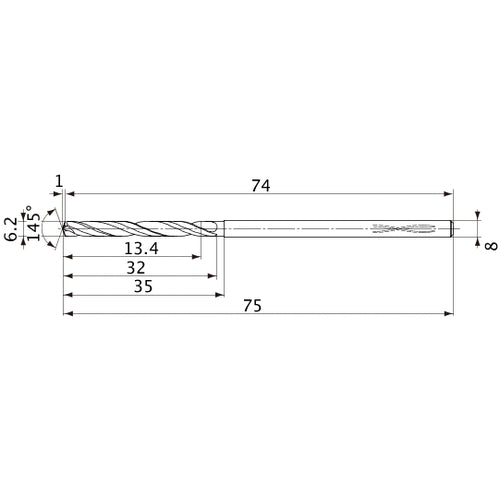 MVS0620X02S080PL DP1020 6.2 mm Dia. × 8 mm Shank × 32 mm Flute Length × 75 mm OAL, 145°, 2 Flute, Coolant Thru, Solid Carbide Drill