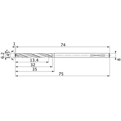 MVS0620X02S080PL DP1020 6.2 mm Dia. × 8 mm Shank × 32 mm Flute Length × 75 mm OAL, 145°, 2 Flute, Coolant Thru, Solid Carbide Drill