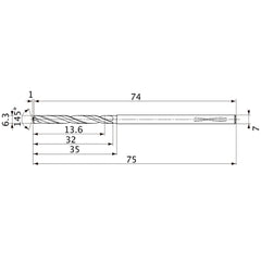 MVS0630X02S070PL DP1020 6.3 mm Dia. × 7 mm Shank × 32 mm Flute Length × 75 mm OAL, 145°, 2 Flute, Coolant Thru, Solid Carbide Drill