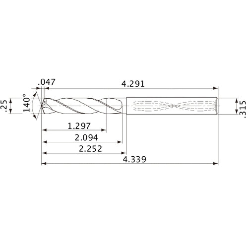 MVS0635X05S080 DP1020 1/4″ Dia. × 0.315″ Shank × 2.094″ Flute Length × 4.339″ OAL, 140°, 2 Flute, Coolant Thru, Solid Carbide Drill