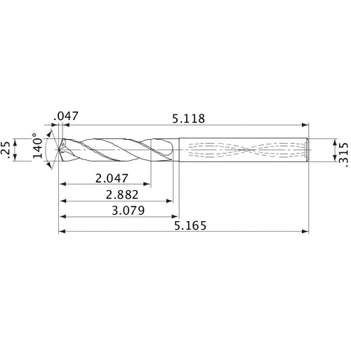 MVS0635X08S080 DP1020 1/4″ Dia. × 0.315″ Shank × 2.882″ Flute Length × 5.165″ OAL, 140°, 2 Flute, Coolant Thru, Solid Carbide Drill
