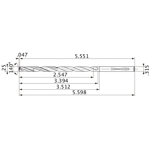 MVS0635X10S080 DP1020 1/4″ Dia. × 0.315″ Shank × 3.394″ Flute Length × 5.598″ OAL, 140°, 2 Flute, Coolant Thru, Solid Carbide Drill