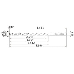 MVS0635X10S080 DP1020 1/4″ Dia. × 0.315″ Shank × 3.394″ Flute Length × 5.598″ OAL, 140°, 2 Flute, Coolant Thru, Solid Carbide Drill