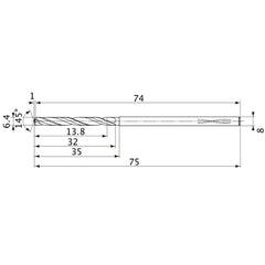 MVS0640X02S080PL DP1020 6.4 mm Dia. × 8 mm Shank × 32 mm Flute Length × 75 mm OAL, 145°, 2 Flute, Coolant Thru, Solid Carbide Drill