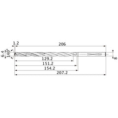 MVS0640X20S080 DP1020 6.4 mm Dia. × 8 mm Shank × 151.2 mm Flute Length × 207.2 mm OAL, 140°, 2 Flute, Coolant Thru, Solid Carbide Drill