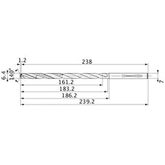MVS0640X25S070 DP1020 6.4 mm Dia. × 7 mm Shank × 183.2 mm Flute Length × 239.2 mm OAL, 140°, 2 Flute, Coolant Thru, Solid Carbide Drill
