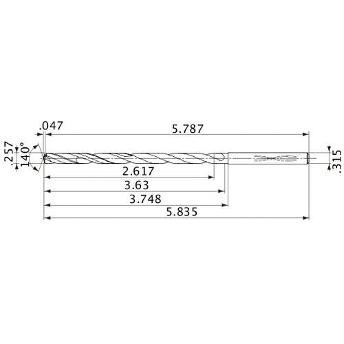 MVS0653X10S080 DP1020 0.257″ Dia. × 0.315″ Shank × 3.63″ Flute Length × 5.835″ OAL, 140°, 2 Flute, Coolant Thru, Solid Carbide Drill