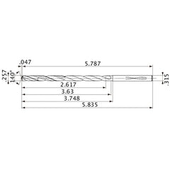 MVS0653X10S080 DP1020 0.257″ Dia. × 0.315″ Shank × 3.63″ Flute Length × 5.835″ OAL, 140°, 2 Flute, Coolant Thru, Solid Carbide Drill
