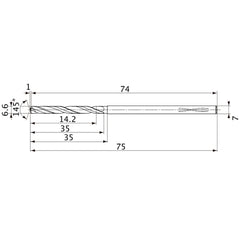 MVS0660X02S070PL DP1020 6.6 mm Dia. × 7 mm Shank × 35 mm Flute Length × 75 mm OAL, 145°, 2 Flute, Coolant Thru, Solid Carbide Drill