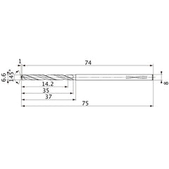 MVS0660X02S080PL DP1020 6.6 mm Dia. × 8 mm Shank × 35 mm Flute Length × 75 mm OAL, 145°, 2 Flute, Coolant Thru, Solid Carbide Drill