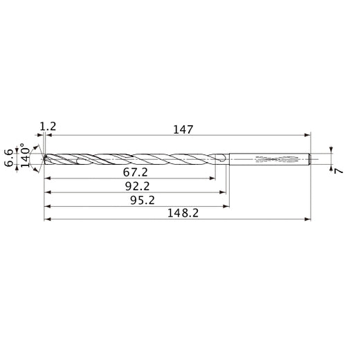 MVS0660X10S070 DP1020 6.6 mm Dia. × 7 mm Shank × 92.2 mm Flute Length × 148.2 mm OAL, 140°, 2 Flute, Coolant Thru, Solid Carbide Drill