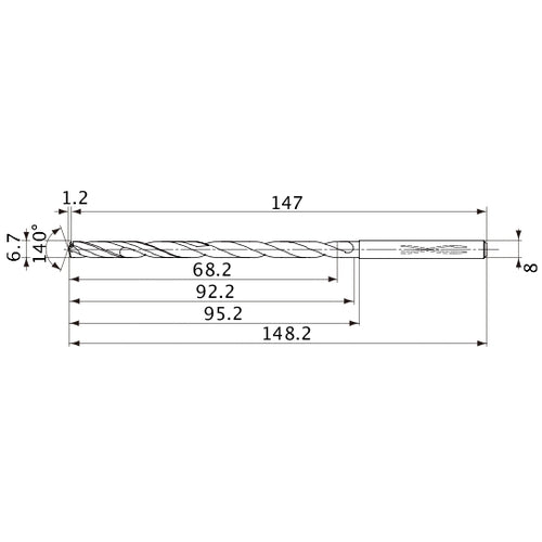 MVS0670X10S080 DP1020 6.7 mm Dia. × 8 mm Shank × 92.2 mm Flute Length × 148.2 mm OAL, 140°, 2 Flute, Coolant Thru, Solid Carbide Drill