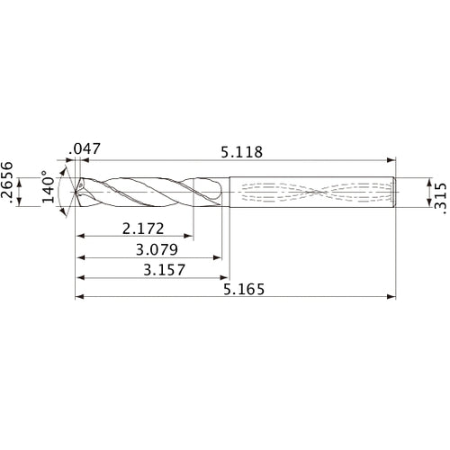 MVS0675X08S080 DP1020 0.2656″ Dia. × 0.315″ Shank × 3.079″ Flute Length × 5.165″ OAL, 140°, 2 Flute, Coolant Thru, Solid Carbide Drill