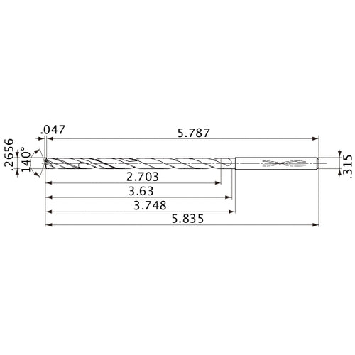MVS0675X10S080 DP1020 0.2656″ Dia. × 0.315″ Shank × 3.63″ Flute Length × 5.835″ OAL, 140°, 2 Flute, Coolant Thru, Solid Carbide Drill