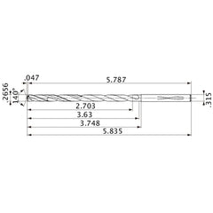 MVS0675X10S080 DP1020 0.2656″ Dia. × 0.315″ Shank × 3.63″ Flute Length × 5.835″ OAL, 140°, 2 Flute, Coolant Thru, Solid Carbide Drill