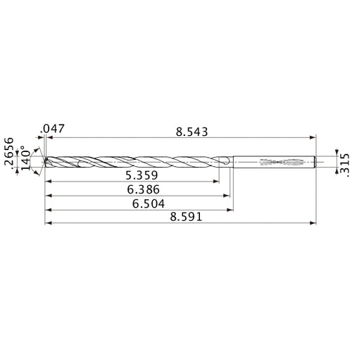 MVS0675X20S080 DP1020 0.2656″ Dia. × 0.315″ Shank × 6.386″ Flute Length × 8.591″ OAL, 140°, 2 Flute, Coolant Thru, Solid Carbide Drill