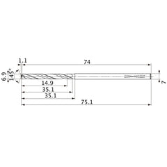 MVS0690X02S070PL DP1020 6.9 mm Dia. × 7 mm Shank × 35.1 mm Flute Length × 75.1 mm OAL, 145°, 2 Flute, Coolant Thru, Solid Carbide Drill