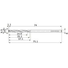 MVS0690X02S080PL DP1020 6.9 mm Dia. × 8 mm Shank × 35.1 mm Flute Length × 75.1 mm OAL, 145°, 2 Flute, Coolant Thru, Solid Carbide Drill