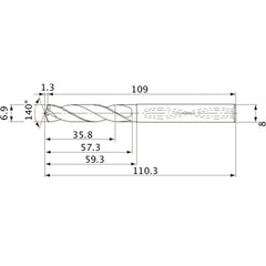 MVS0690X05S080 DP1020 6.9 mm Dia. × 8 mm Shank × 57.3 mm Flute Length × 110.3 mm OAL, 140°, 2 Flute, Coolant Thru, Solid Carbide Drill