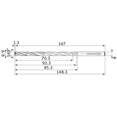 MVS0690X10S080 DP1020 6.9 mm Dia. × 8 mm Shank × 92.3 mm Flute Length × 148.3 mm OAL, 140°, 2 Flute, Coolant Thru, Solid Carbide Drill