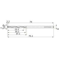MVS0700X02S080PL DP1020 7 mm Dia. × 8 mm Shank × 35.1 mm Flute Length × 75.1 mm OAL, 145°, 2 Flute, Coolant Thru, Solid Carbide Drill