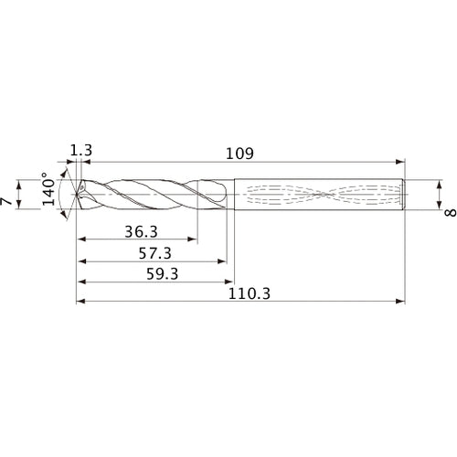 MVS0700X05S080 DP1020 7 mm Dia. × 8 mm Shank × 57.3 mm Flute Length × 110.3 mm OAL, 140°, 2 Flute, Coolant Thru, Solid Carbide Drill