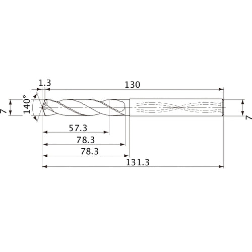 MVS0700X08S070 DP1020 7 mm Dia. × 7 mm Shank × 78.3 mm Flute Length × 131.3 mm OAL, 140°, 2 Flute, Coolant Thru, Solid Carbide Drill