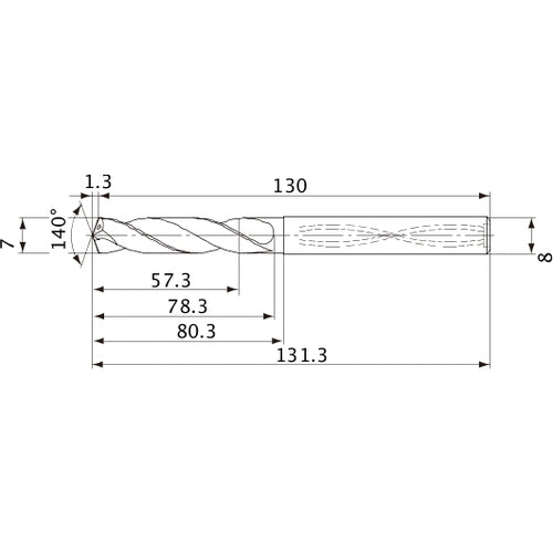MVS0700X08S080 DP1020 7 mm Dia. × 8 mm Shank × 78.3 mm Flute Length × 131.3 mm OAL, 140°, 2 Flute, Coolant Thru, Solid Carbide Drill