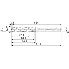 MVS0700X08S080 DP1020 7 mm Dia. × 8 mm Shank × 78.3 mm Flute Length × 131.3 mm OAL, 140°, 2 Flute, Coolant Thru, Solid Carbide Drill