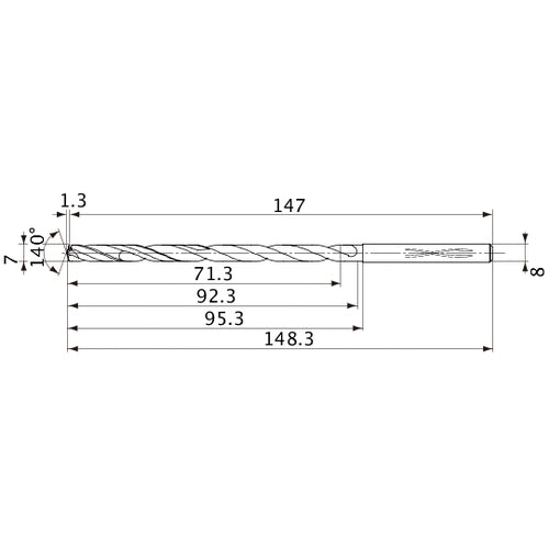 MVS0700X10S080 DP1020 7 mm Dia. × 8 mm Shank × 92.3 mm Flute Length × 148.3 mm OAL, 140°, 2 Flute, Coolant Thru, Solid Carbide Drill