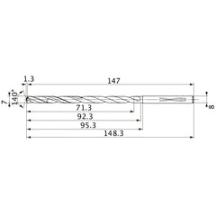 MVS0700X10S080 DP1020 7 mm Dia. × 8 mm Shank × 92.3 mm Flute Length × 148.3 mm OAL, 140°, 2 Flute, Coolant Thru, Solid Carbide Drill
