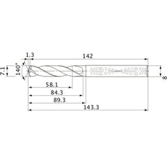 MVS0710X08S080 DP1020 7.1 mm Dia. × 8 mm Shank × 84.3 mm Flute Length × 143.3 mm OAL, 140°, 2 Flute, Coolant Thru, Solid Carbide Drill