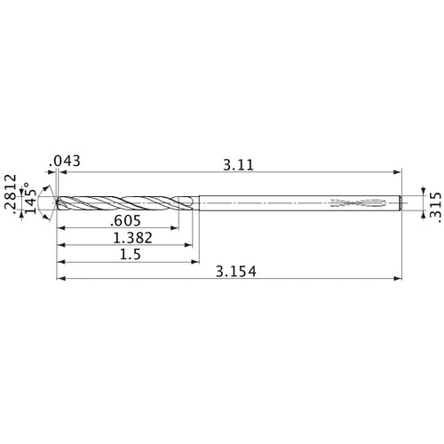 MVS0714X02S080PL DP1020 0.2812″ Dia. × 0.315″ Shank × 1.382″ Flute Length × 3.154″ OAL, 145°, 2 Flute, Coolant Thru, Solid Carbide Drill